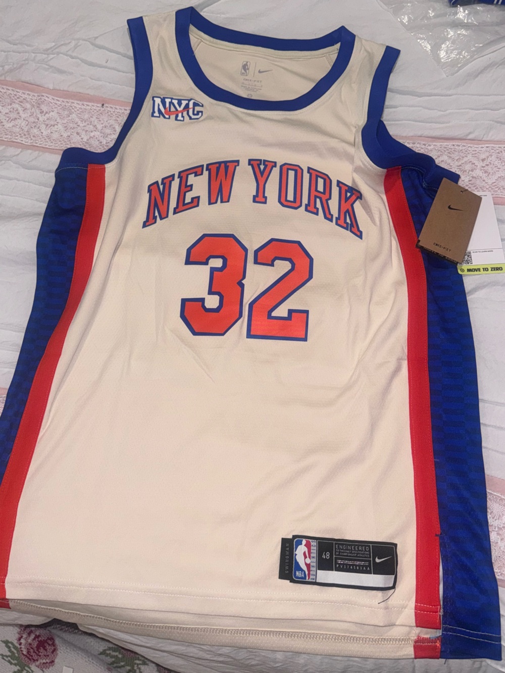 New York Knicks Karl Anthony Towns 32 Basketball Jersey - Cream, Blue & Orange